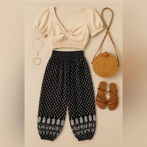 Boho Black & White Cotton Harem Pants – Made in India -  Free Size fit like XL